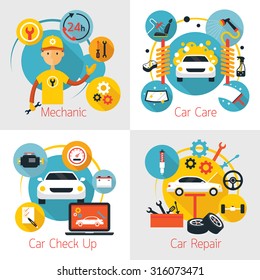 Mechanic and Car Maintenance Service Concept Set, Automobile Check Up, Repair