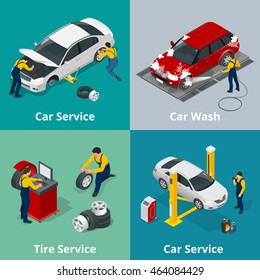 Mechanic And Car Repair. Flat 3d Isometric Illustration For Infographics And Design 