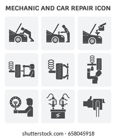 Mechanic and car repair vector icon. Include machine equipment tool, automobile or automotive vehicle, part. Include man, professional, repairman or technician. To service, check, fix and maintenance.