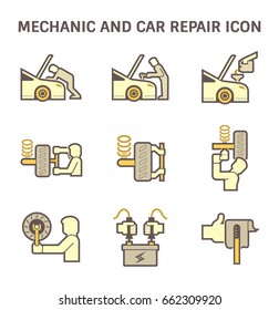 Mechanic and car repair vector icon. Include machine equipment tool, automobile or automotive vehicle, part. Include man, professional, repairman or technician. To service, check, fix and maintenance.