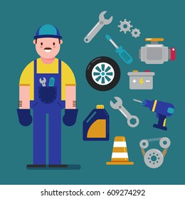 Mechanic and Car service concept with flat icons. Vector illustration