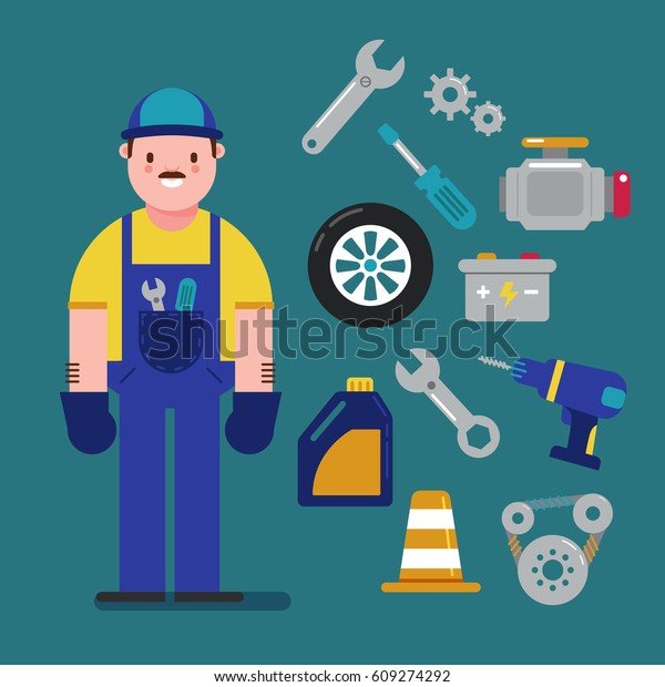 Mechanic and Car service concept with flat\
icons. Vector\
illustration