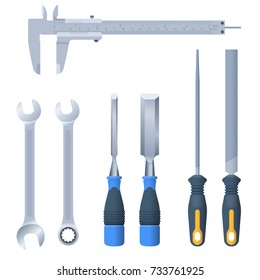 Mechanic, carpentry, measure and construction hand tool set. Flat illustration of spanner, wrench, caliper, rasp, file and chisel. Vector design elements isolated on white background.