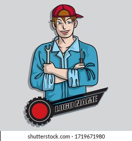 Mechanic carrying screwdrivers with repair cartoon vector