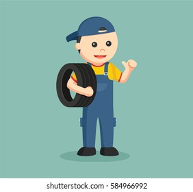 mechanic carrying tire illustration design