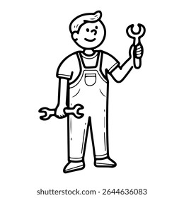 Mechanic cartoon character. Hand drawn doodle vector. Auto service. Garage worker. Man in uniform holding wrench. Professional car repairman. Diagnostic station engineer. Illustration line art.