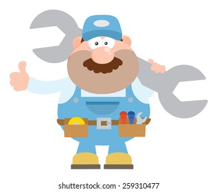Mechanic Cartoon Character Holding Huge Wrench And Giving A Thumb Up Flat Style. Vector Illustration Isolated On White