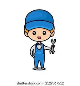 Mechanic cartoon character logos design template holding a tool