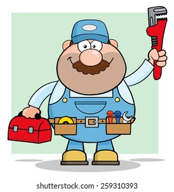 Mechanic Cartoon Character With Wrench And Tool Box. Vector Illustration With Background
