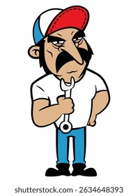 The Mechanic cartoon characters wearing safety boots and carrying a wrench. Best for sticker, logo, and mascot with automotive themes
