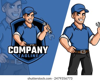 Mechanic Cartoon holding wrench Mascot Logo for Your Business