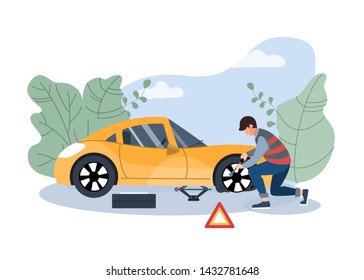 Mechanic changing wheel on a roadside. Road assistance concept. Insurance accident on the road. Flat vector illustration.