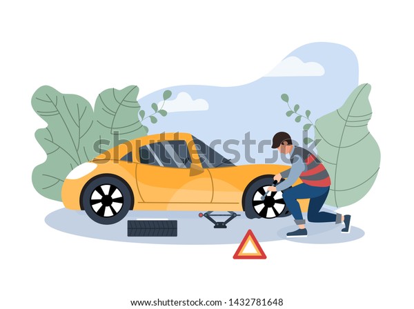 Mechanic\
changing wheel on a roadside. Road assistance concept. Insurance\
accident on the road. Flat vector\
illustration.