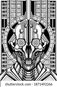 Mechanic character in armor, face of cyborg close-up, robot with head similar to skull with mechanisms and connected wires, with circle and shock absorbers, lattice and patterns on the background.