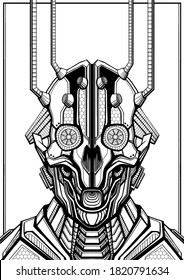 Mechanic character close-up, droid in armor with connected wires, horror face of cyborg with big eyes, robot with head similar to rude skull with mechanisms, in the style of cyberpunk, no background.