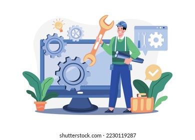 Mechanic Character Holding Wrench And Plastic Pipe