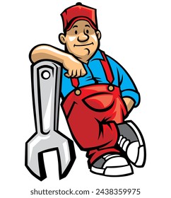 Mechanic Character Mascot with Large Wrench