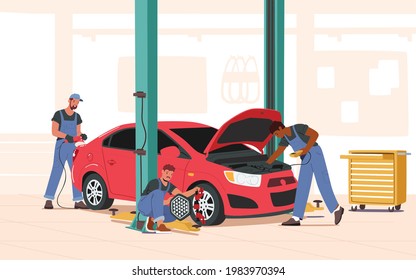 Mechanic Characters in Blue Overall Stand near Broken Car with Open Hood Holding Instruments, Workers Fixing, Checking and Maintenance Auto, City Repair Service. Cartoon People Vector Illustration