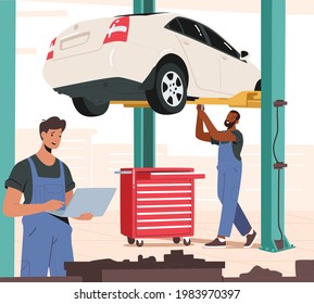 Mechanic Characters in Blue Overalls Repair Broken Car Hang on Elevator. Workers with Laptop and Instruments Maintenance Auto, Professional Repair Garage Service. Cartoon People Vector Illustration