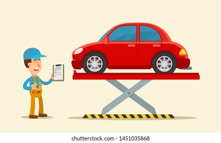 The mechanic checks the car. Vehicle inspection. Service and repair of the car. Business vector illustration, flat design, cartoon style.
Isolated background. Side view. 