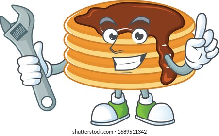 A mechanic chocolate cream pancake mascot character fix a broken machine