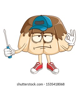 Mechanic of chocolate pudding or jelly cartoon character holding a screwdriver with funny flat expression