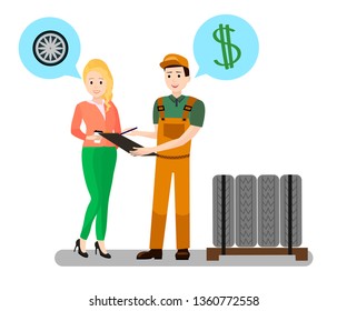 Mechanic, Client Dialogue Flat Vector Illustration. Cartoon Mechanic, Repairman, Consultant Selling Tires Set. Pretty Woman Buying Winter Tyres. Car Shopping Deal, Contract, Receipt Signing