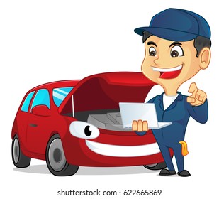 Mechanic collecting data with laptop isolated in white background 