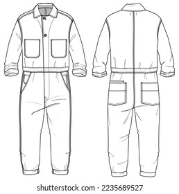 Cuadros mecánicos dibujo plano dibujo plano ilustración de moda dibujo técnico con vista frontal y trasera, persiana larga Superposiciones de seguridad uniforme de dibujo técnico dibujo dibujo plantilla de vector