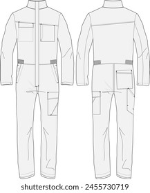 Mechanic Coveralls Flat Sketch Workwear Design Template Front Back Illustration