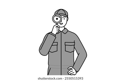 A mechanic in coveralls holding a magnifying glass and placing his hand on his hip, Vector Illustration