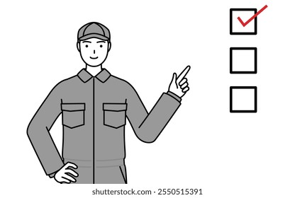 A mechanic in coveralls pointing to a checklist, Vector Illustration