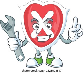 Mechanic cross shield character on white background.