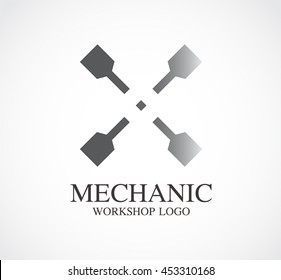 Mechanic of cross steel abstract vector and logo design or template workshop business icon of company identity symbol concept