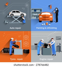 Mechanic design concept set with auto tyres and engine repair and painting flat icons isolated vector illustration