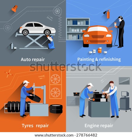 Mechanic design concept set with auto tyres and engine repair and painting flat icons isolated vector illustration