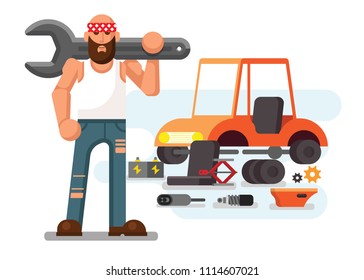 Mechanic With Dismantled Car