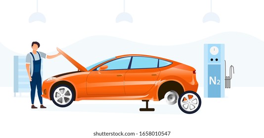 Mechanic doing a car service changing a tyre and working under the bonnet or hood in a garage workshop, vector illustration