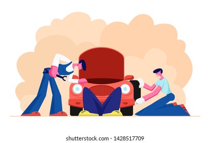 Mechanic Dressed in Blue Overalls Stand near Broken Car with Open Hood Holding Instrument in Hand, Man Lying under Auto, Checking and Maintenance City Repair Service. Cartoon Flat Vector Illustration