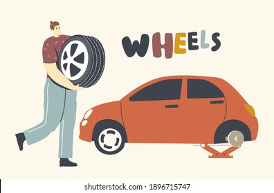 Mechanic or Driver Character Fixing Broken Car Wheel, Man Holding Spare Tyre in Hands, Checking and Maintenance Auto, City Transportation Repair Service, Road Accident. Linear Vector Illustration