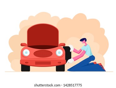 Mechanic or Driver in White Gloves Stand on Knees near Broken Car with Open Hood Holding Spare Wheel in Hands, Checking and Maintenance Auto, City Repair Service. Cartoon Flat Vector Illustration