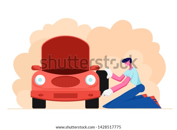 Mechanic or Driver in White Gloves Stand on\
Knees near Broken Car with Open Hood Holding Spare Wheel in Hands,\
Checking and Maintenance Auto, City Repair Service. Cartoon Flat\
Vector Illustration
