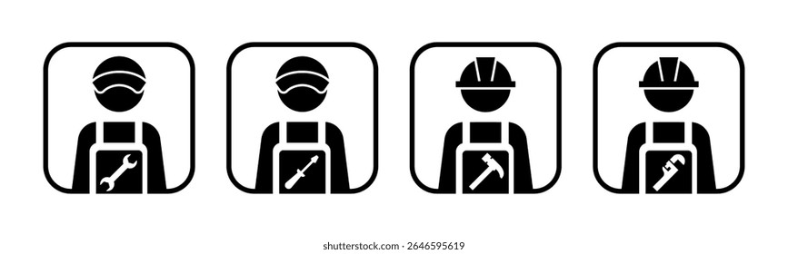 Mecánico, electricista, trabajador de la construcción, Vector de la ilustración del conjunto del icono del fontanero. Cuadrado interior
