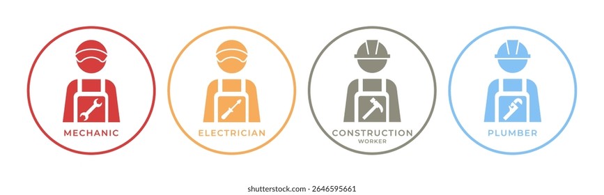 Mechaniker, Elektriker, Bauarbeiter, Klempner-Icon-Set-Illustrationsvektor. Innenkreis