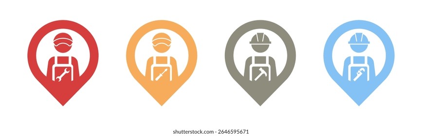 Mechanic, Electrician, Construction Worker, Plumber with pin location icon set illustration vector.