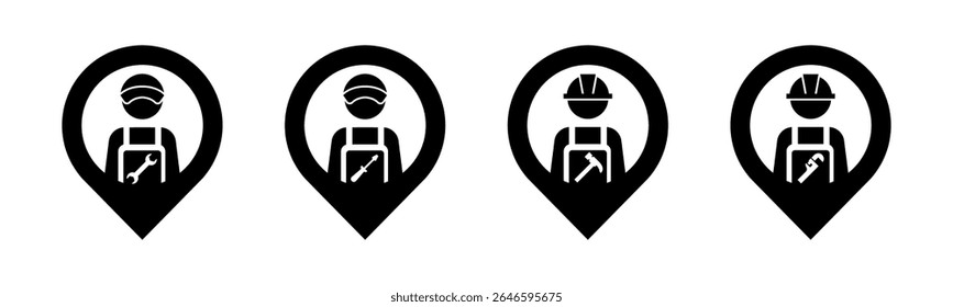Mechanic, Electrician, Construction Worker, Plumber with pin location icon set illustration vector.
