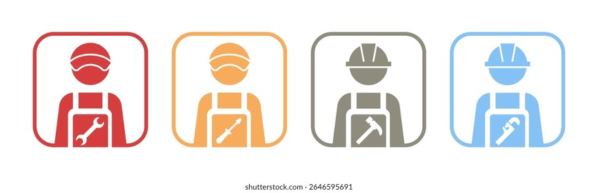 Mechanic, Electrician, Construction Worker, Plumber icon set illustration vector. Inside Square