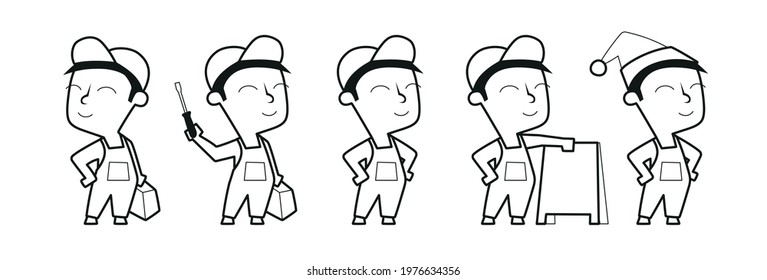 Mechanic, Electrician, Plumber. Funny Cartoon Style Worker Drawing. 
