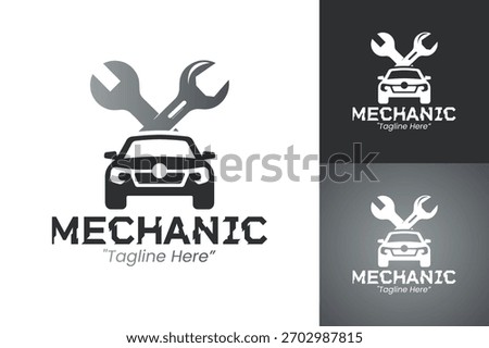 Mechanic emblem using wrench and tire outline for automotive identity.