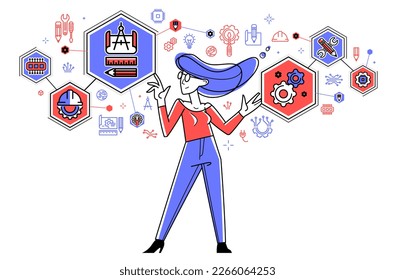 Mechanic engineer working on a draft plan vector illustration, inventor or repair job, engineering machine industry, system technician.